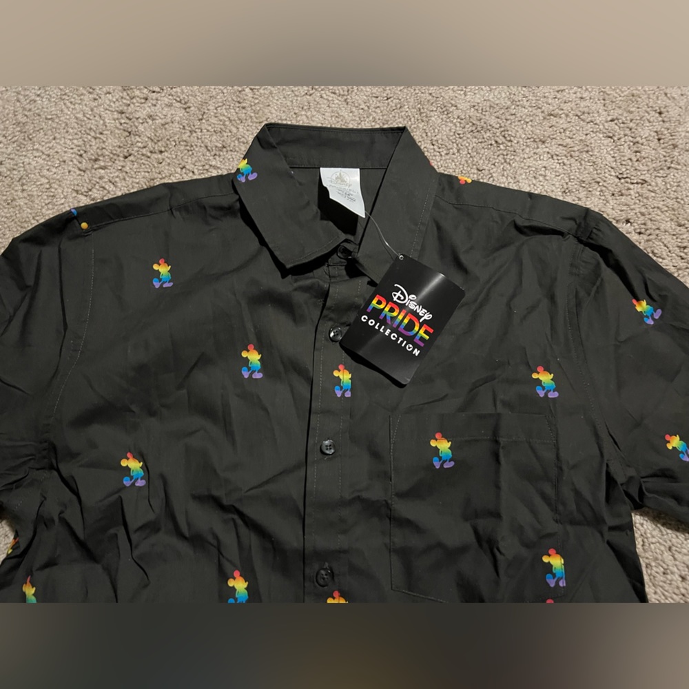 Disney Pride Collection Short Sleeve Collared Shirt. Rainbow Mickey Mouse